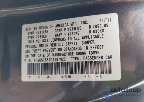 2012 Honda Accord Exl z USA, uszkodzony, nr VIN 1HGCS2B82CA007022